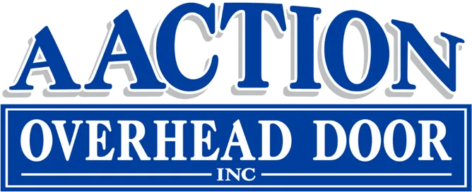 Logo for AAction Overhead Door Inc. in bold blue and white text, with AAction on top and Overhead Door Inc inside a blue rectangle below.