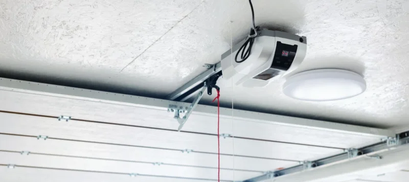 A close-up view of a garage door opener mounted on the ceiling, with a red emergency release cord hanging down and a round ceiling light nearby.