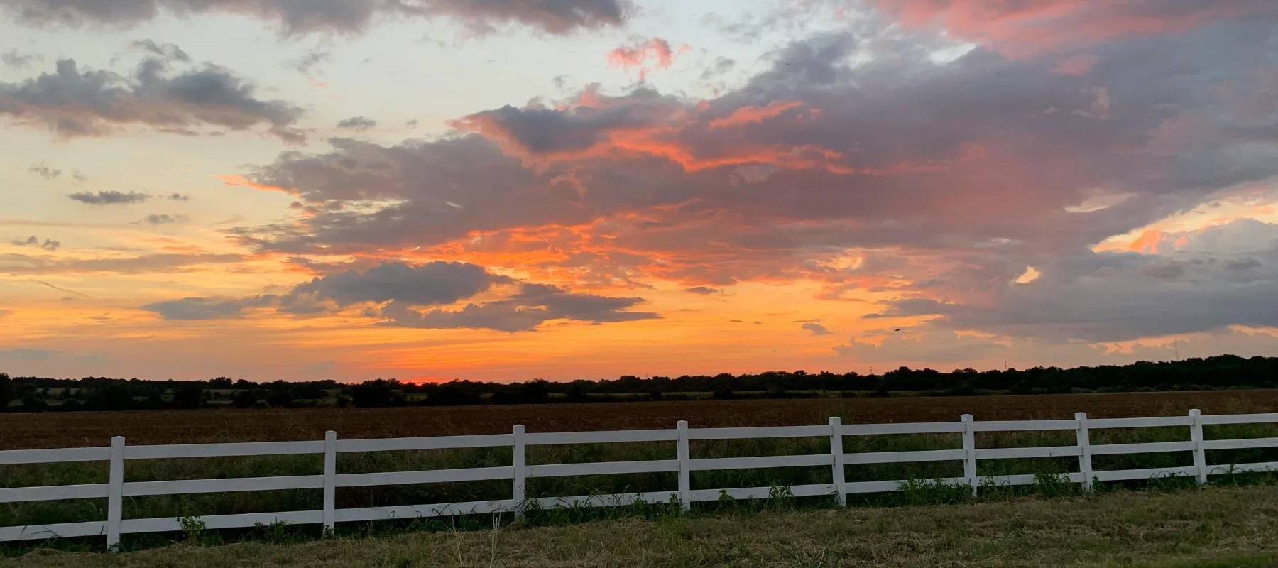 A white fence runs along a grassy field with a sunset sky filled with orange, pink, and purple clouds above a dark treeline in the distance.