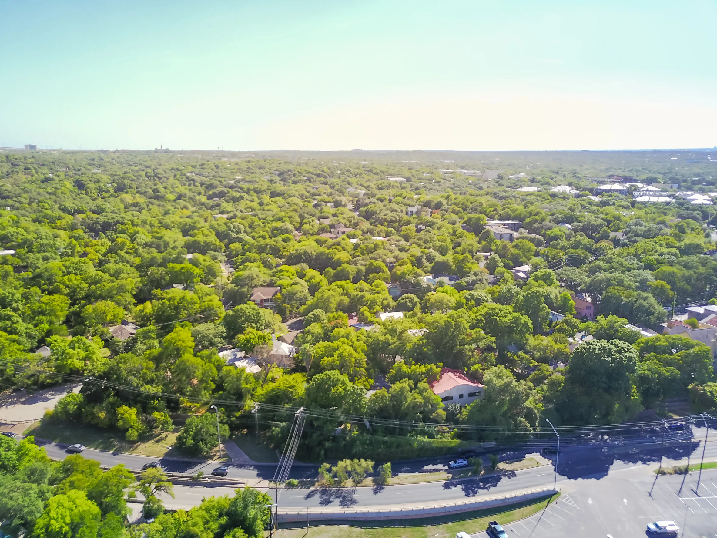 Aerial view of a suburban neighborhood surrounded by dense green trees, with houses partially visible among the foliage and a curved road with cars in the foreground under a clear, sunny sky.